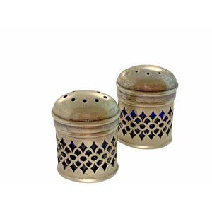 Vtg EPNS Silver Blue Glass Salt Pepper Shakers Art Deco Cobalt Blue Cutout